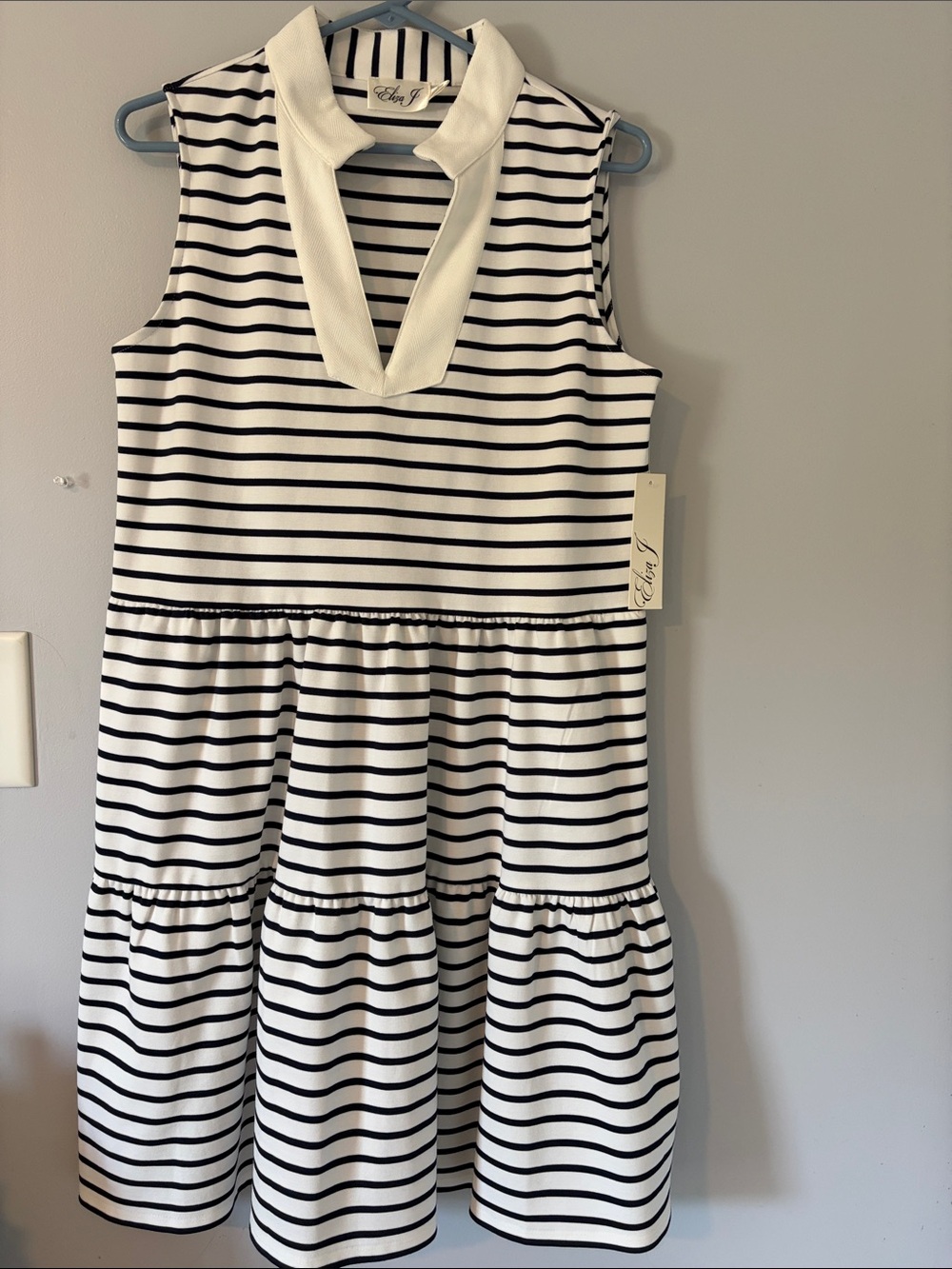 Eiza J Black and White Striped Sleeveless Tiered Dress